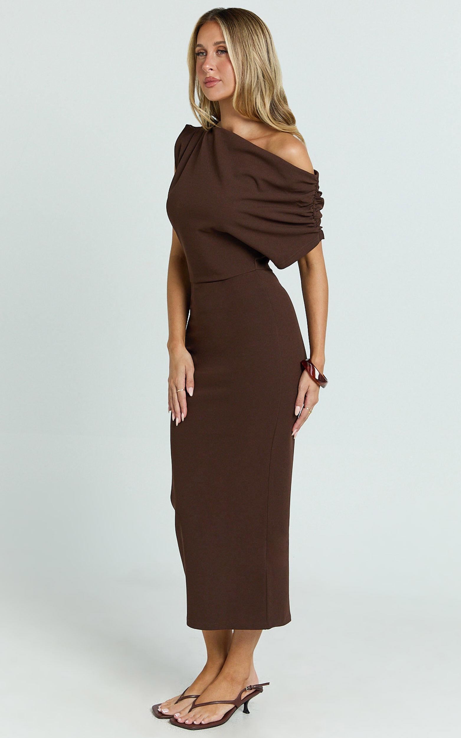 Nalfie Midi Dress - Tipped Shoulder Jersey Drape Dress in Chocolate Product Image