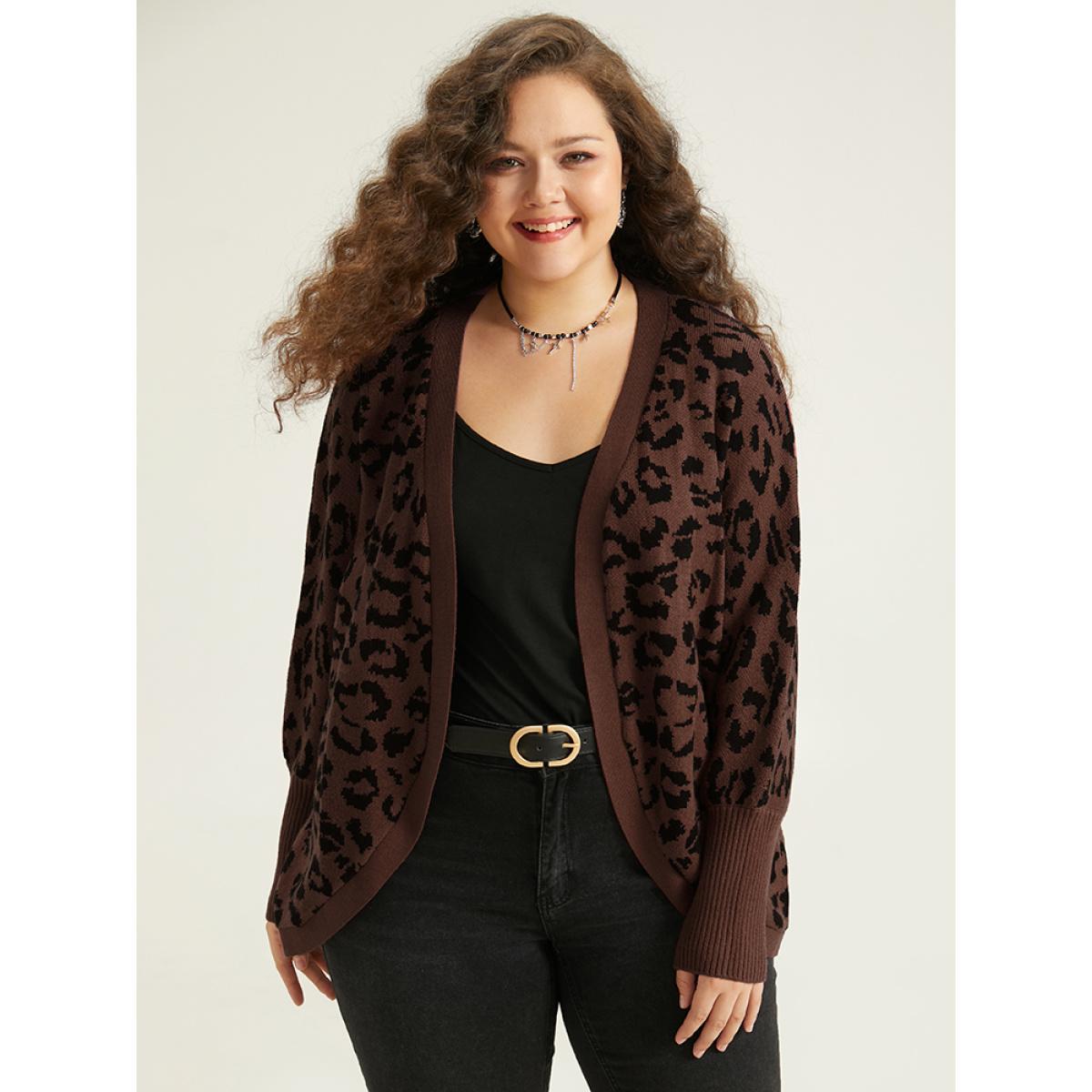 Plus Size Supersoft Essentials Leopard Curved Hem Cardigan DarkBrown Women Casual Loose Sleeveless Dailywear Cardigans BloomChic 18-20/2X Product Image
