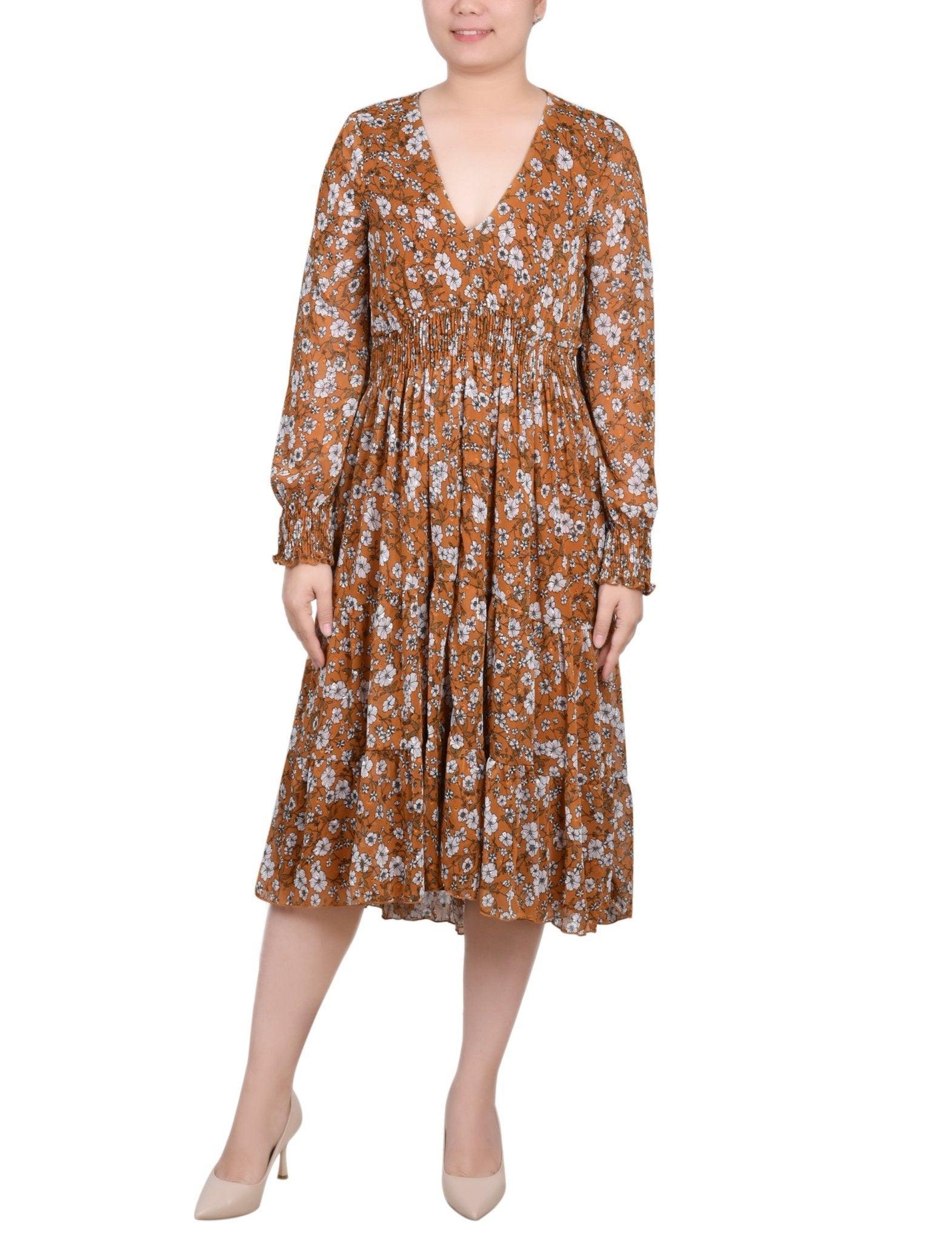 Mustard Floral Long Sleeve Clip Dot Chiffon Dress With Smocked Waist and Cuffs Product Image