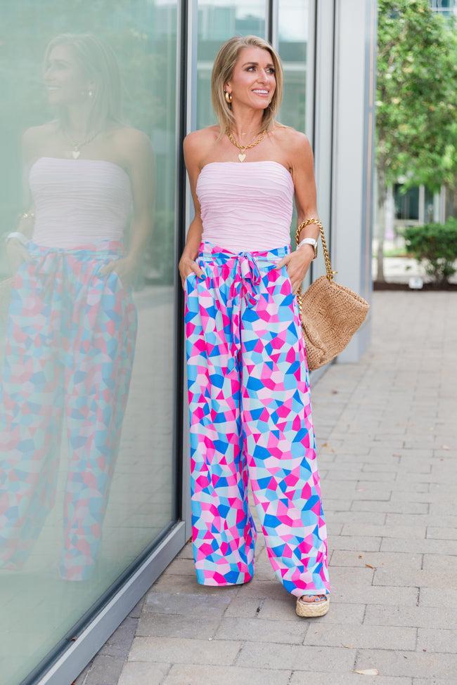 Fashionably Late Geometric Blue And Pink Belted Pants Product Image