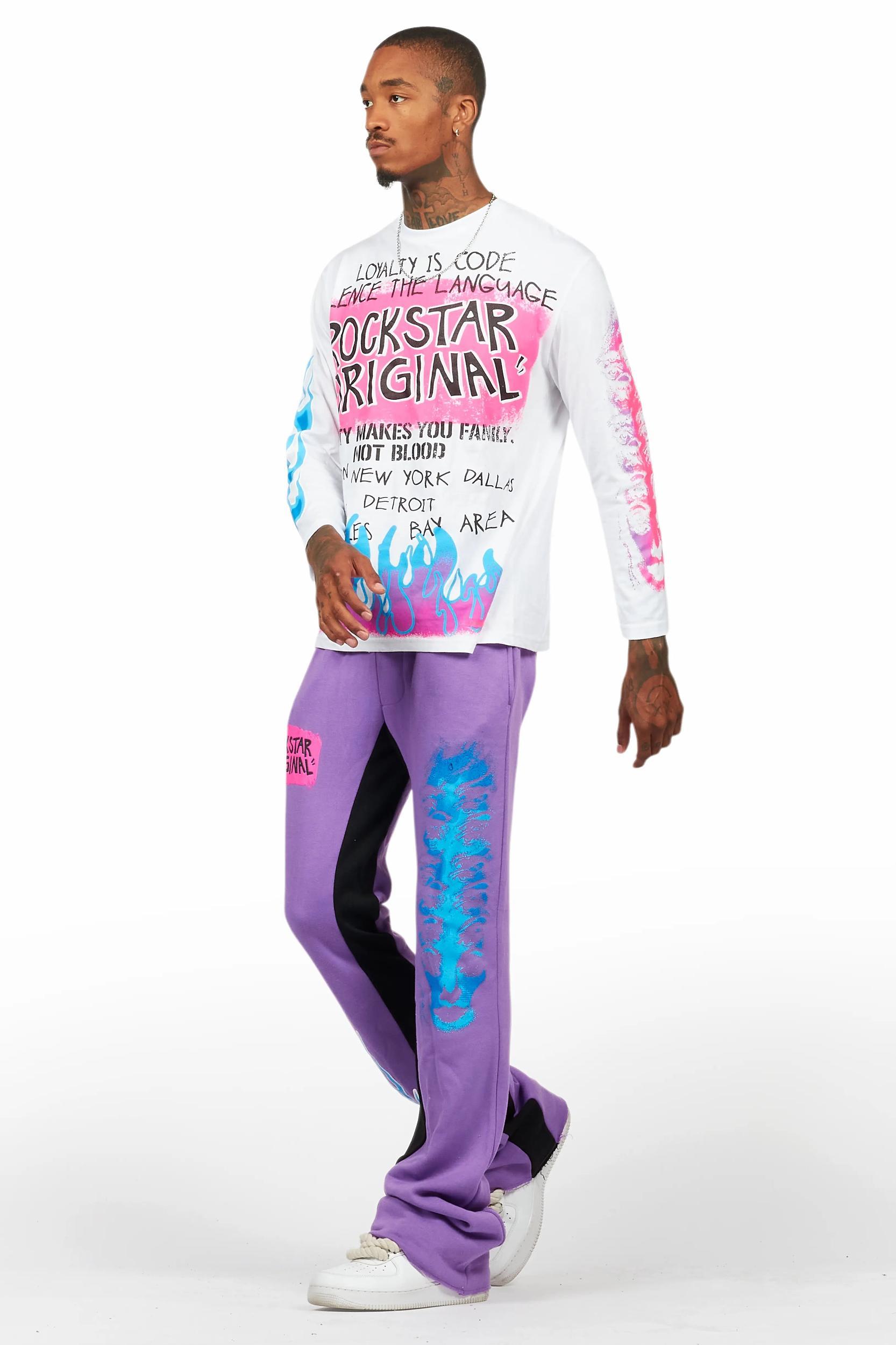 Beno Purple/White Long Sleeve T-Shirt/Baggy Pant Set Male Product Image