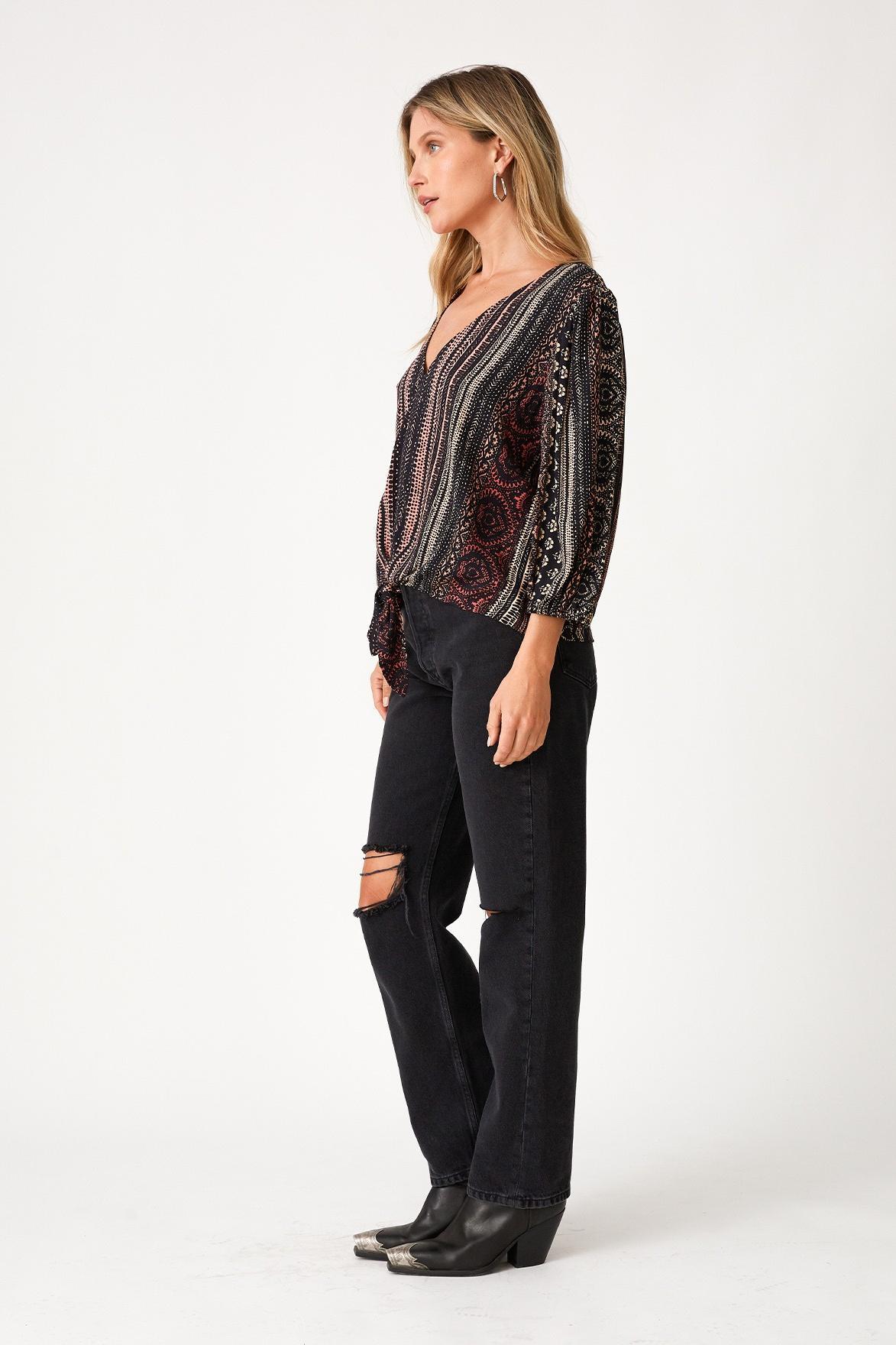 Bohemian Tie Front V Neck Top Product Image