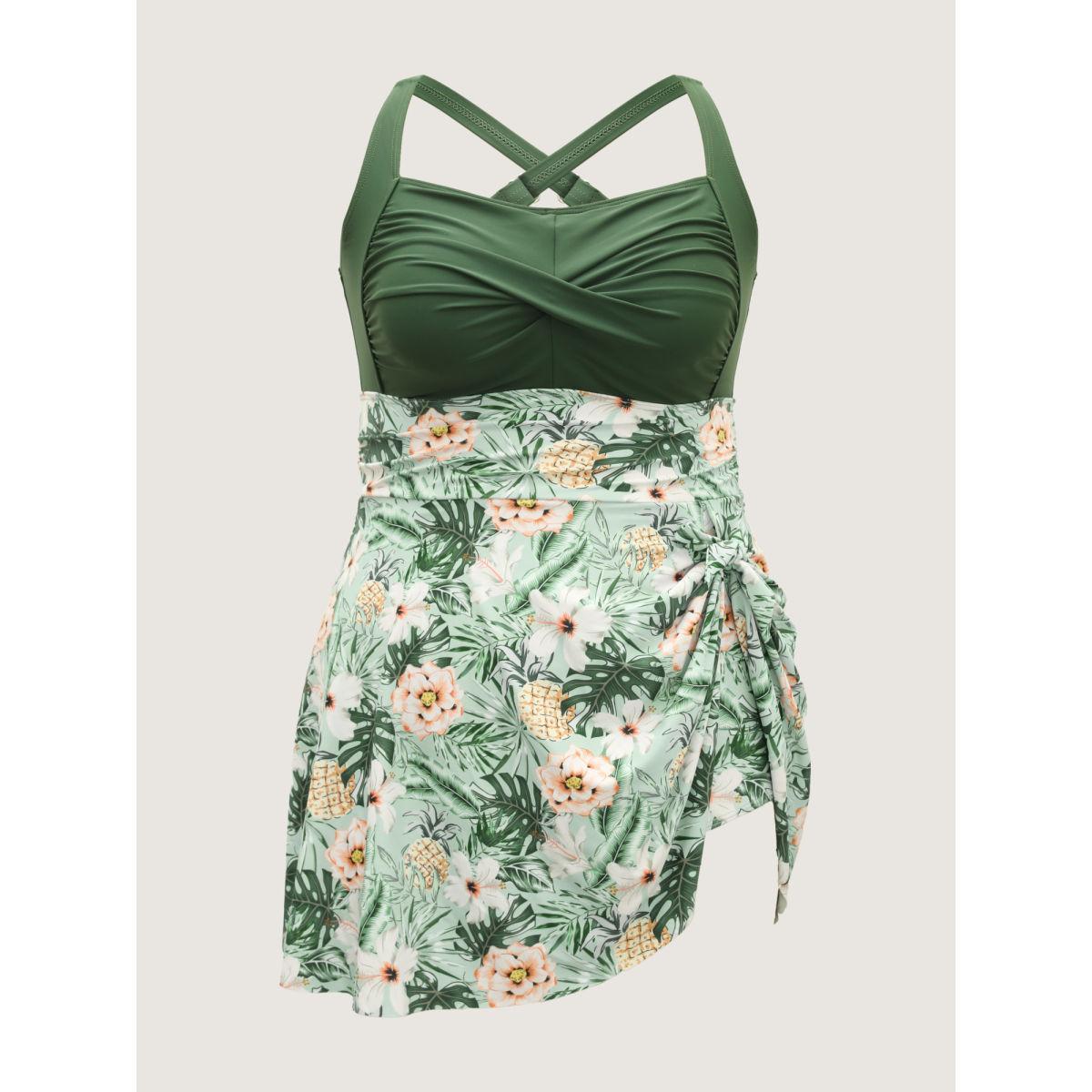 Plus Size Breezy Floral Knotted Twist Swim Dress Women's Swimwear ArmyGreen Beach Bodycon Heart neckline High stretch Curve Swim Dresses BloomChic 12/L Product Image