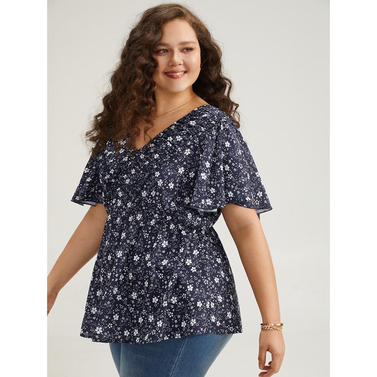 Plus Size Indigo Ditsy Floral Flutter Sleeve Ruched Blouse Women Elegant Short sleeve V-neck Dailywear Blouses BloomChic 10/M Product Image