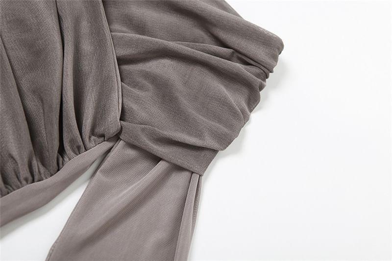 Off Shoulder Long Sleeve Plain Ruched Mesh Panel Crop Top Product Image
