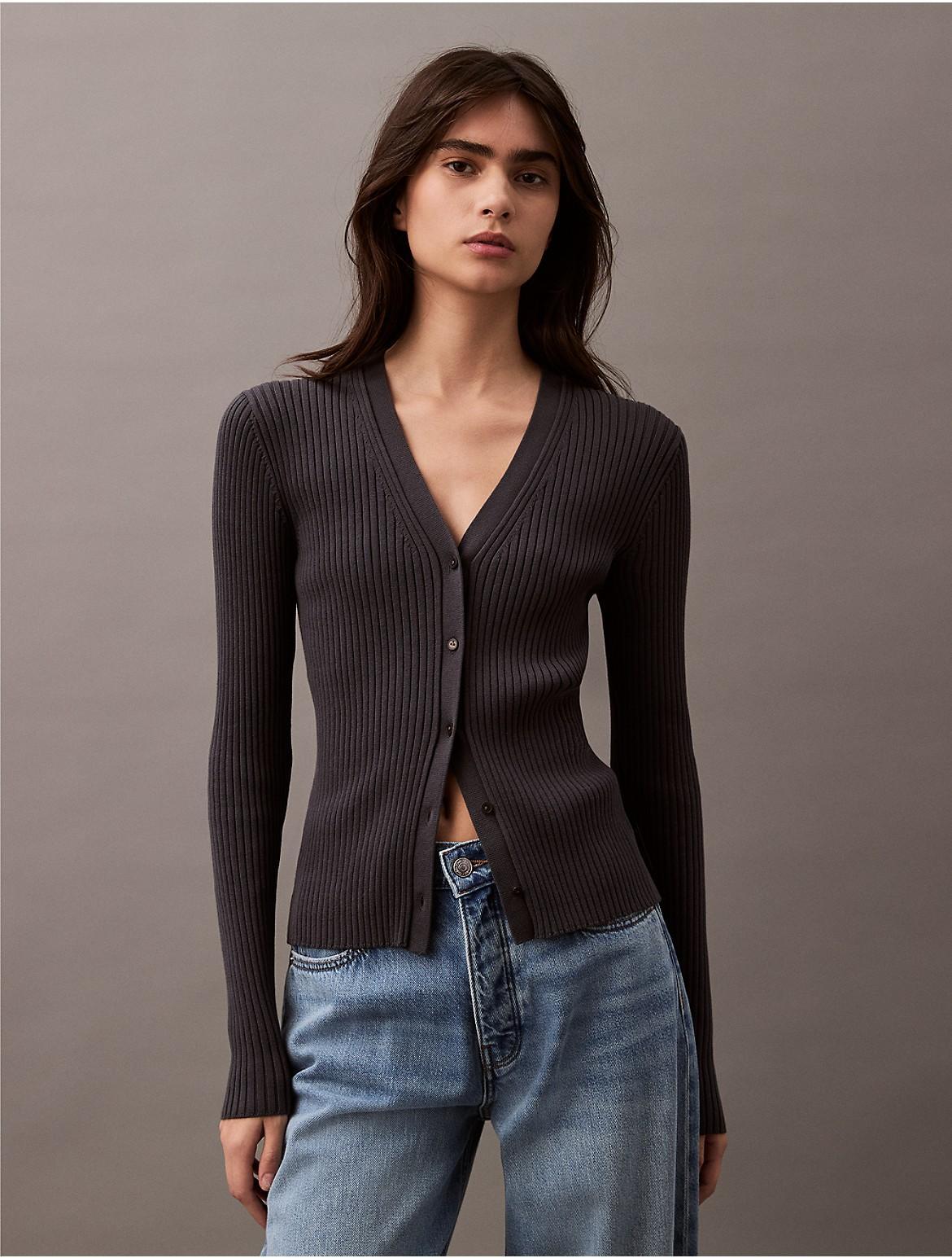 Calvin Klein Women's Smooth Cotton Rib Sweater Cardigan - Grey - S Product Image