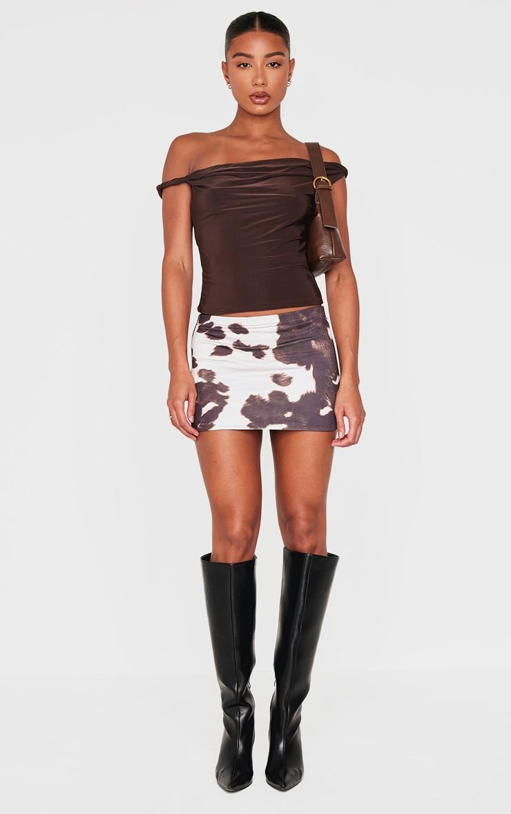 Brown Slinky Basic Cow Print Low Rise Extreme Micro Mini Skirt Product Image