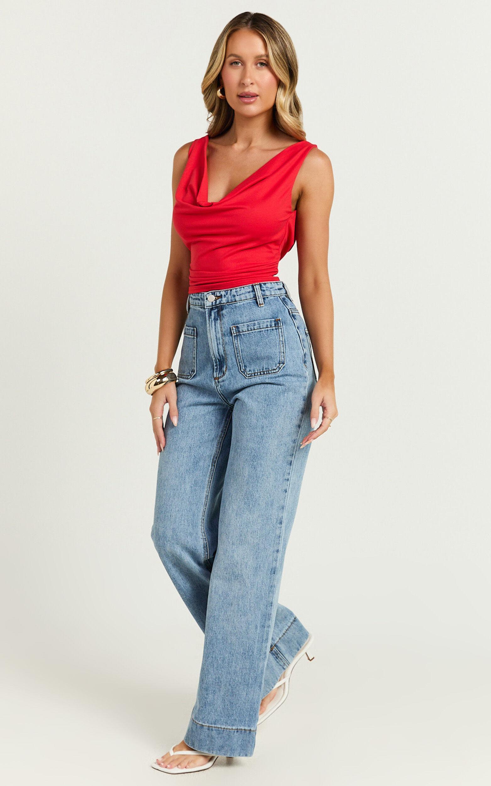 Vancouver Jeans - High Waist Straight Leg Patch Pocket Denim Jeans in Blue Wash Product Image