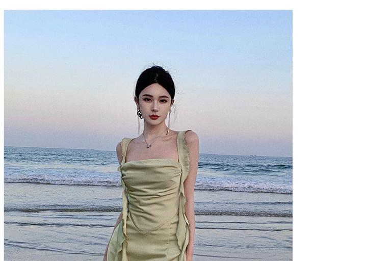 Spaghetti Strap Plain Open Back Ruffle Trim Slit Maxi Mermaid Dress Product Image