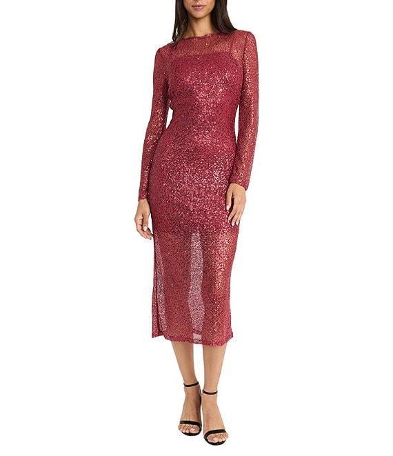 Donna Morgan Alexandra Sheer Knit High Neck Long Sleeve Sheath Dress Product Image