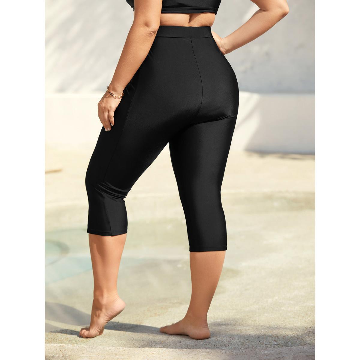 Plus Size Mid Rise Cropped Tight Swim Pants Women's Swimwear Black Beach High stretch Skinny High Rise Side seam pocket Curve Swim Bottoms BloomChic 14-16/1X Product Image