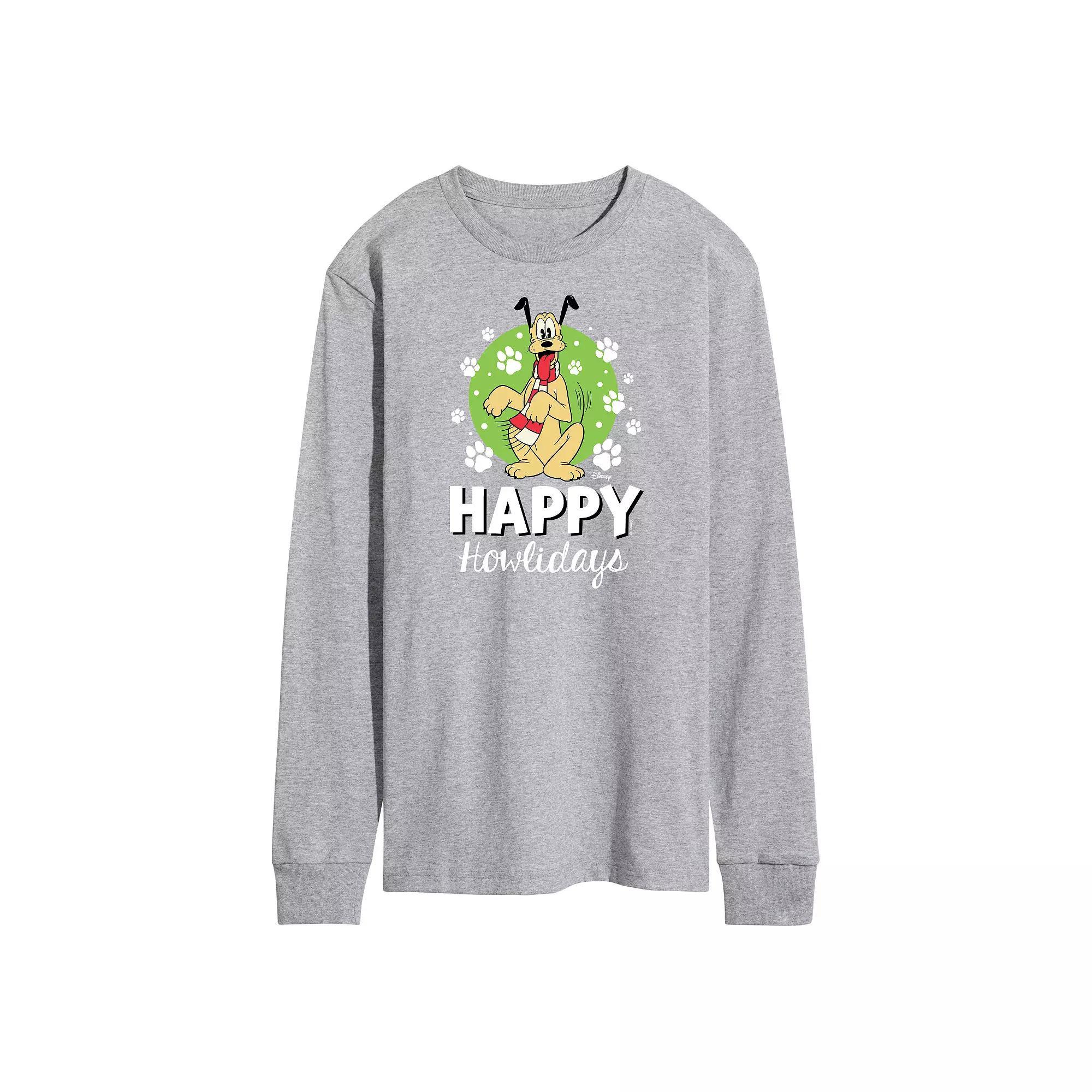 Disney's Men's Happy Howlidays Pluto Long-sleeved Tee, Size: Medium, Gray Product Image