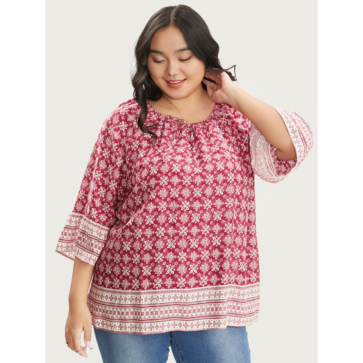 Plus Size Crimson Floral Print Bell Sleeve Knotted Round Neck Blouse Women Vacation Elbow-length sleeve Round Neck Dailywear Blouses BloomChic 30/6X Product Image