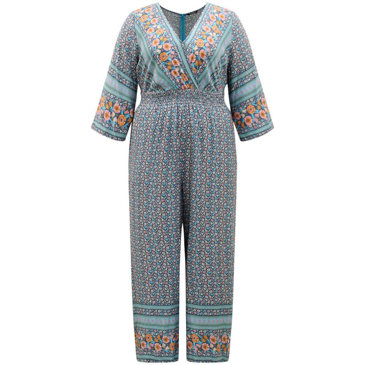 Plus Size Blue Floral Print Shirred Overlap Collar Jumpsuit Women Resort Elbow-length sleeve V-neck Vacation Loose Jumpsuits BloomChic 18-20/2X Product Image