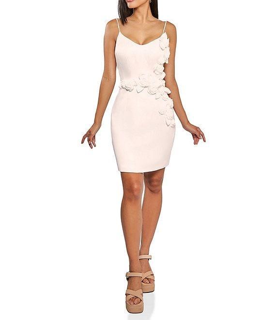 Terani Couture Matte Satin V-Neck Sleeveless Tie Strap 3D Floral Mini Dress Product Image