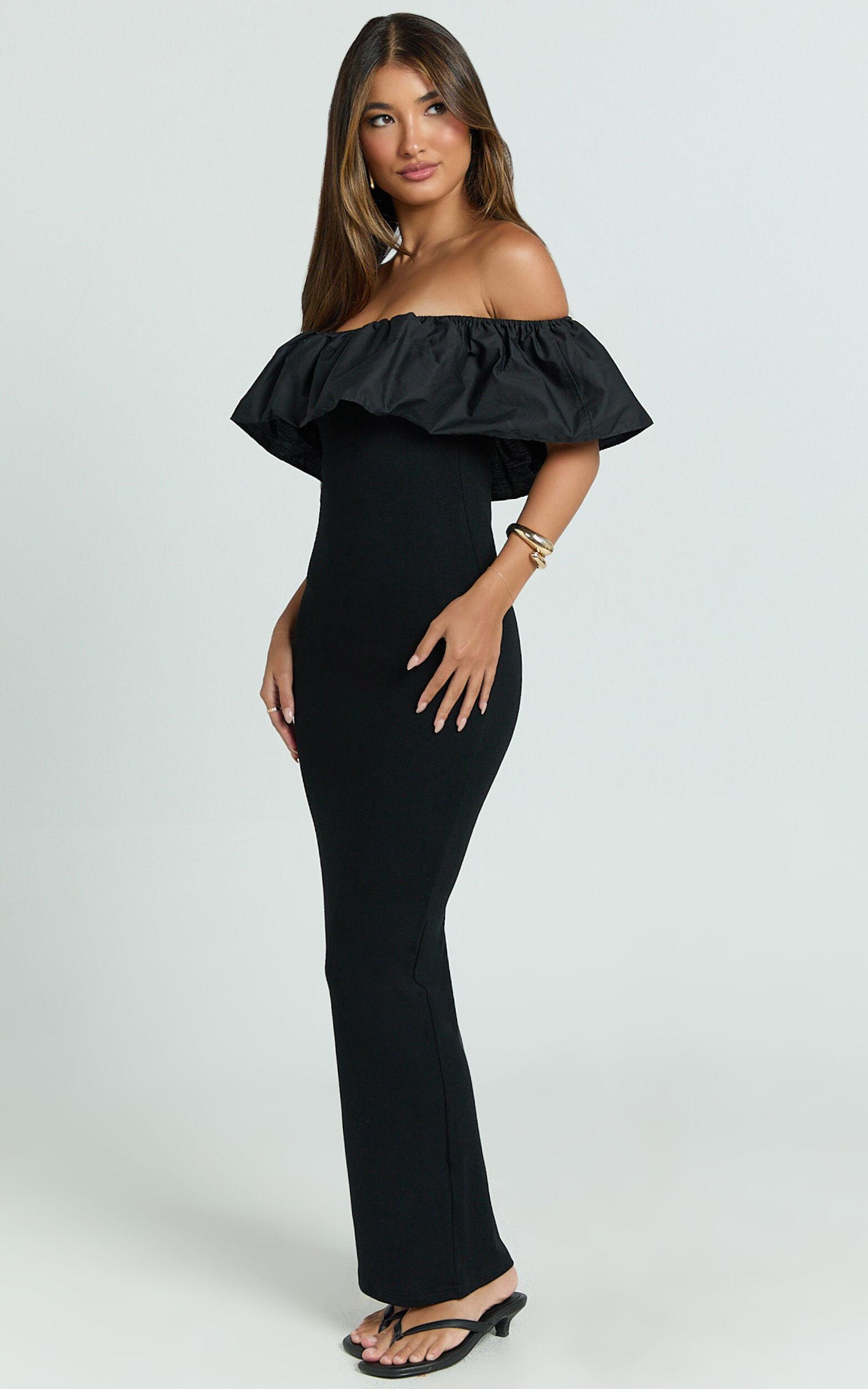 Carol Maxi Dress - Off Shoulder Frill Neckline Dress in Black Product Image