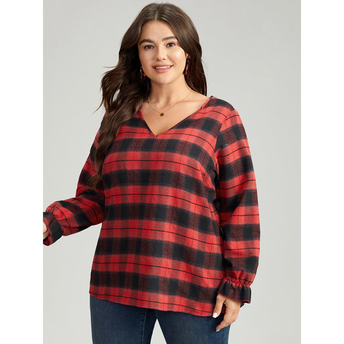 Plus Size Scarlet Plaid V Neck Lantern Sleeve Ruffles Blouse Women Elegant Long Sleeve V-neck Festival-Christmas Blouses BloomChic 30/6X Product Image