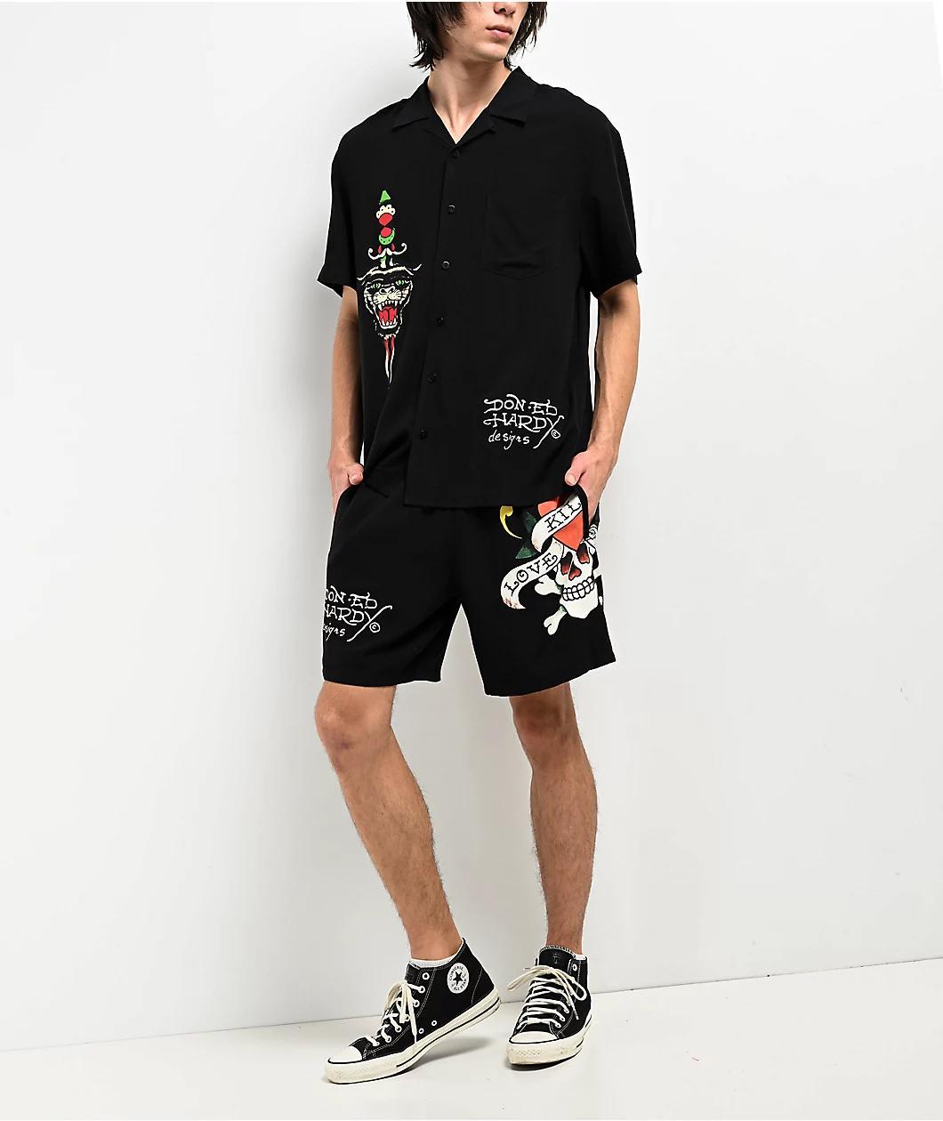 Ed Hardy Love Kills Slowly Woven Black Short Sleeve Button Up Shirt Product Image
