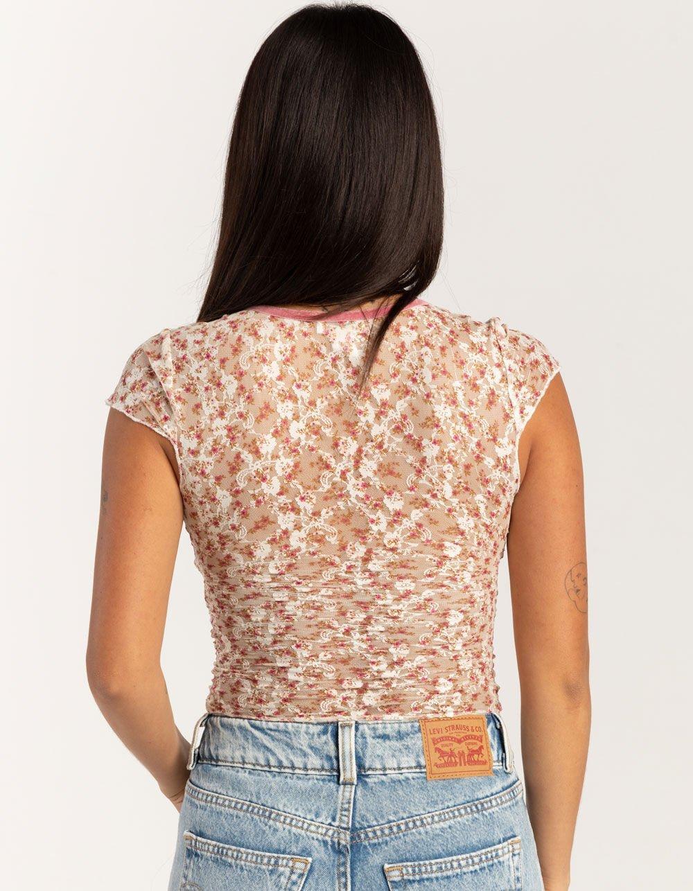 FULL TILT Printed Lace Womens V-Neck Top - Cream/Multi Product Image