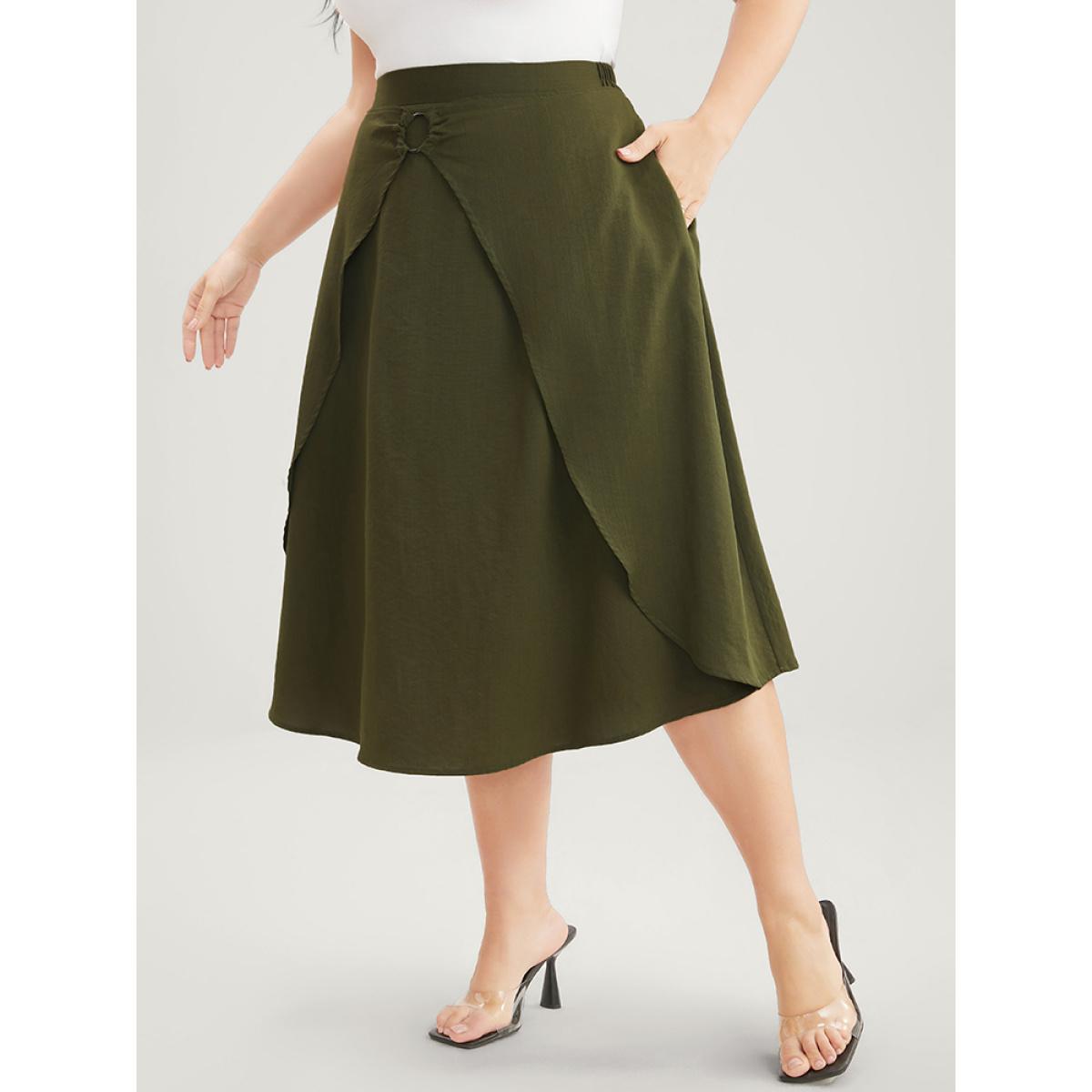 Plus Size Plain Pocket Buckle Detail Asymmetrical Elastic Waist Skirt Women ArmyGreen Elegant Plain Loose No stretch Pocket Dailywear Skirts BloomChic 30/6X Product Image