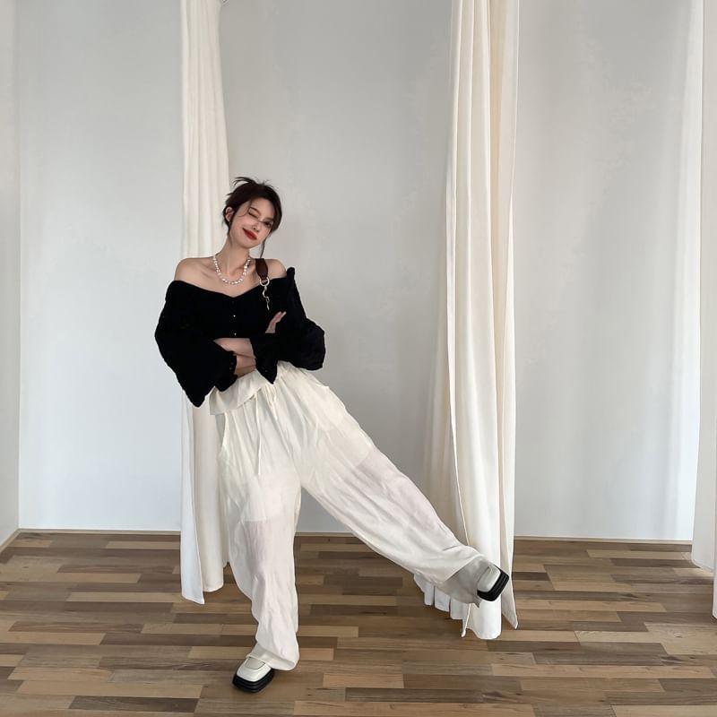 Bell-Sleeve Off-Shoulder Perforated Crop Blouse Product Image