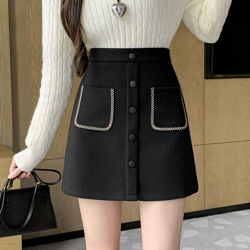 High Waist Embroidered Button Mini A-Line Skirt Product Image