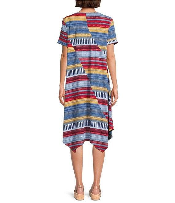 Multiples Slub Knit Printed Scoop Neck Short Sleeve Handkerchief Hem Fit & Flare Midi Dress Product Image