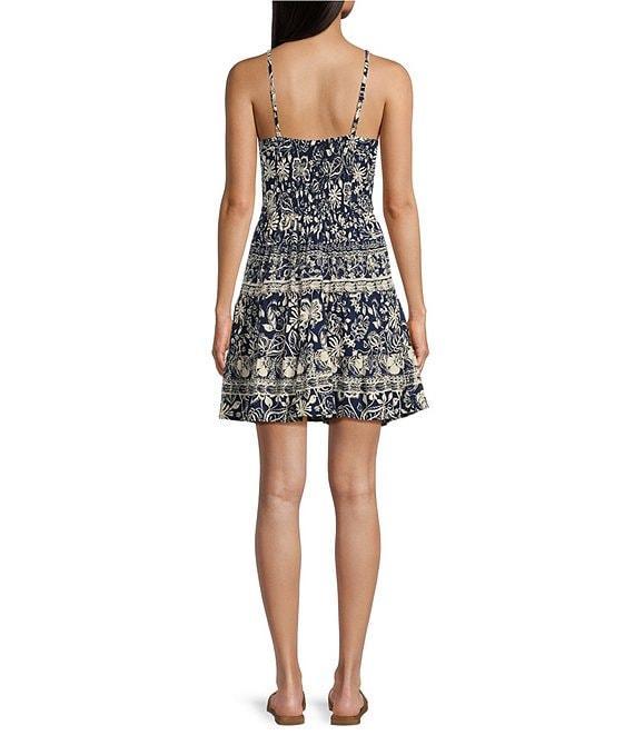 Angie Printed V-Neck Spaghetti Strap Twist Front Keyhole Tiered Dress Product Image