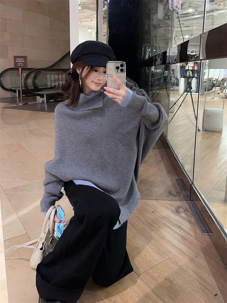 Turtleneck Batwing Sleeve Drop Shoulder Sweater / Mid Waist Flared Jeans Product Image