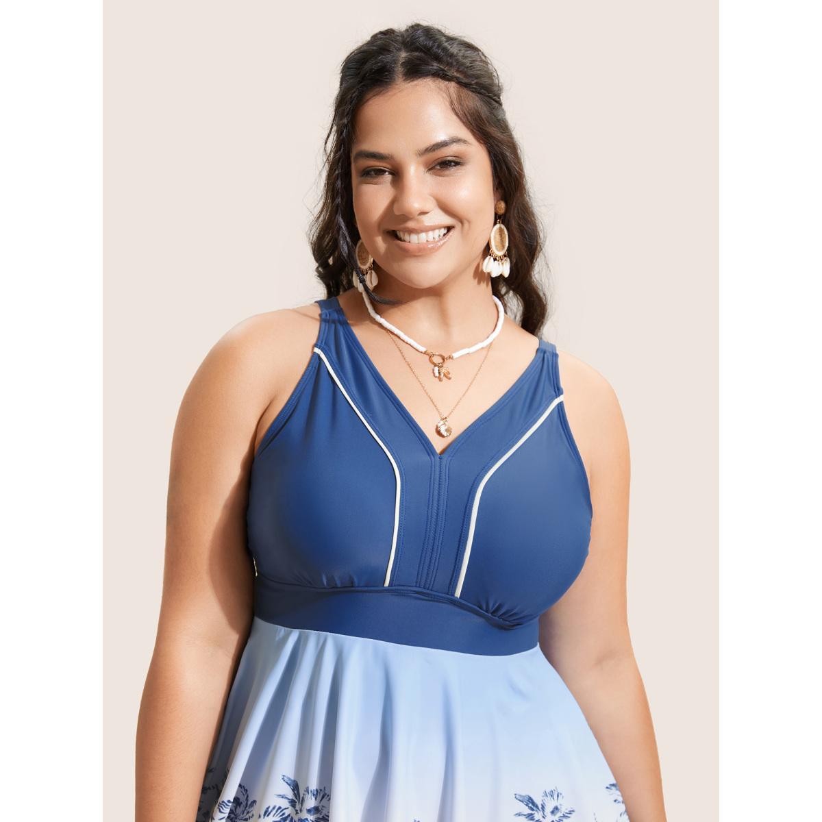 Plus Size V Neck Tropical Print Contrast Swim Dress Women's Swimwear Cerulean Beach Bodycon V-neck High stretch Curve Swim Dresses BloomChic 30/6X Product Image