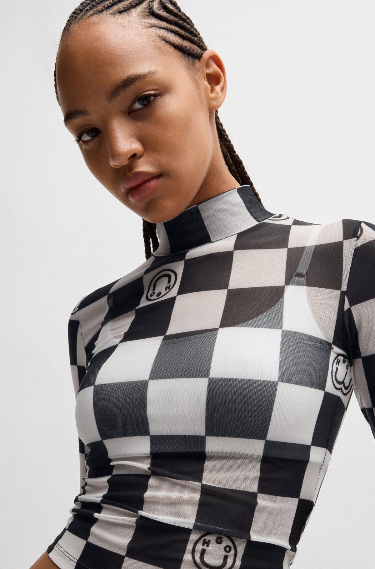 Cropped long-sleeved top in checkerboard-print stretch mesh Product Image