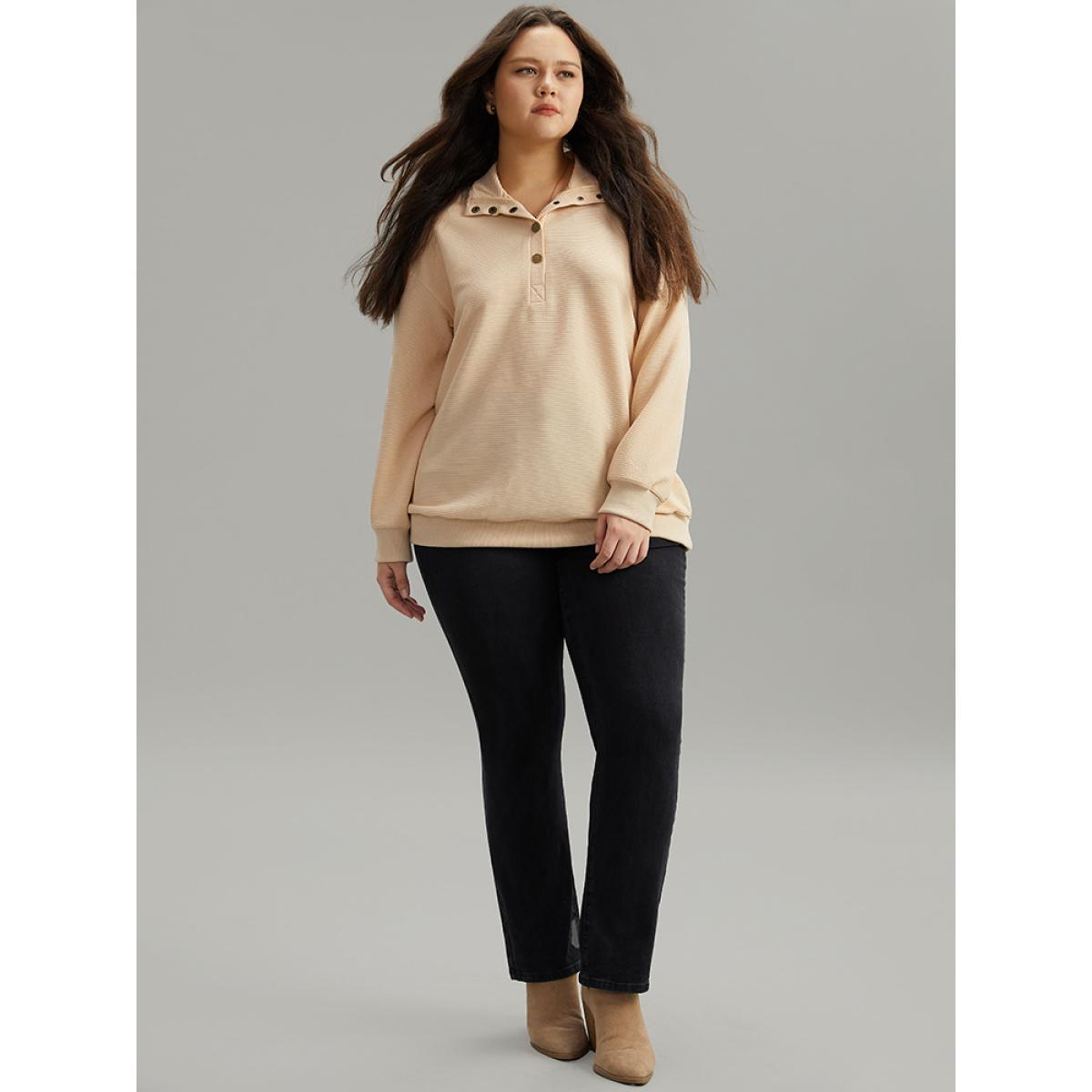 Plus Size Plisse Lapel Collar Button Up Sweatshirt Women Apricot Casual Elastic cuffs Lapel Collar Dailywear Sweatshirts BloomChic 30/6X Product Image