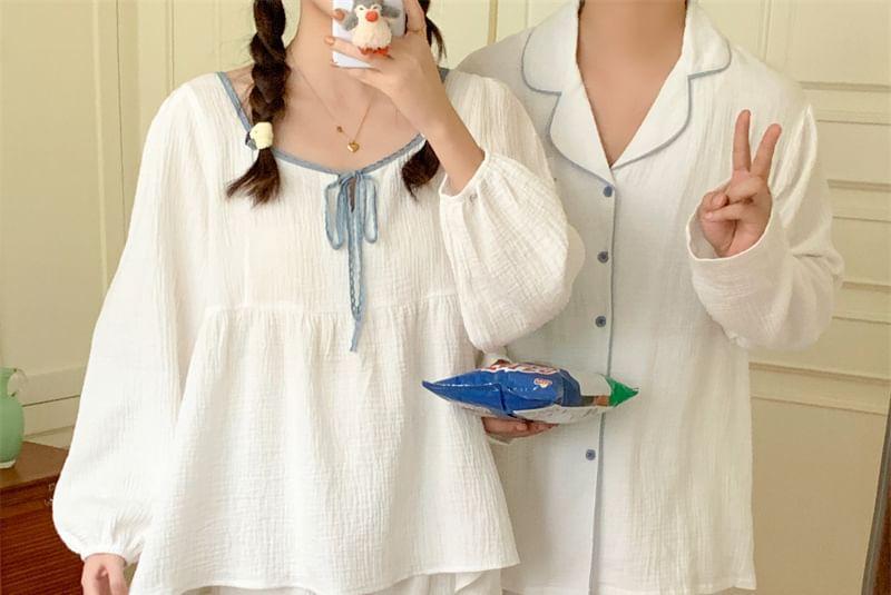 Couple Matching Long-Sleeve Contrast Trim Pajama Top / Pants / Midi Sleep Dress / Set (Various Designs) Product Image