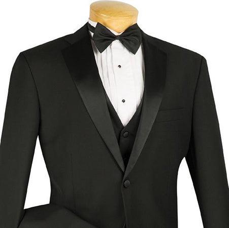Santorini Collection - Regular Fit Black Tuxedo 4 Piece with Vest Bow Tie Adjustable Waistband Product Image