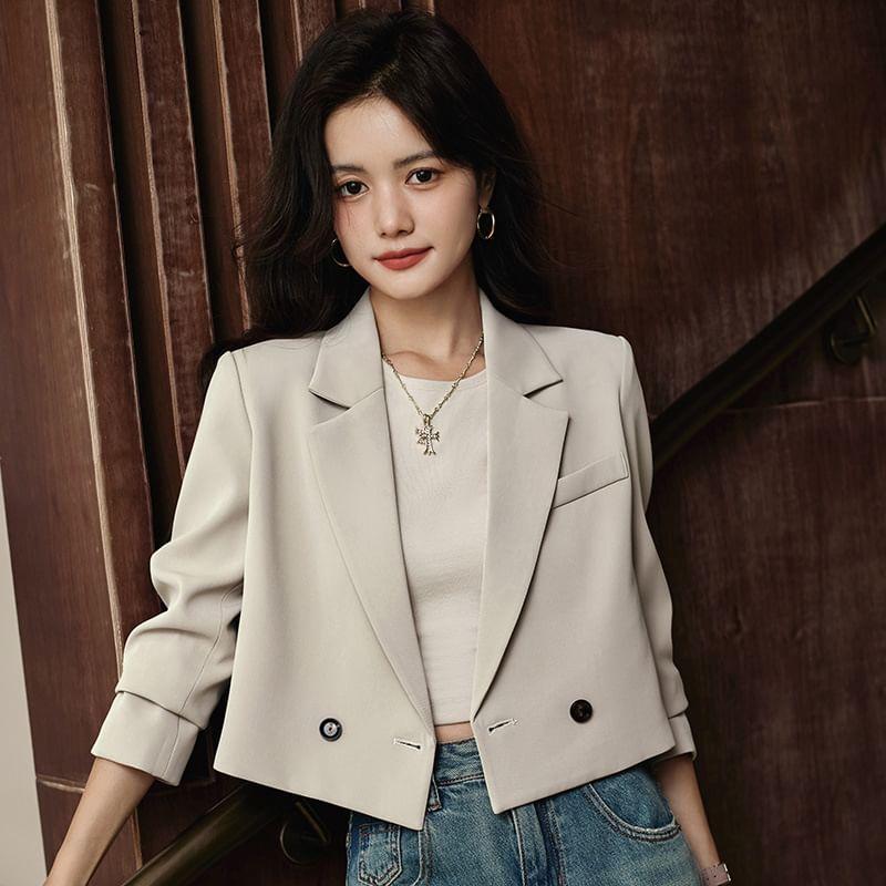 Lapel Collar Plain Double-Breasted Crop Blazer / Sleeveless Square Neck Slit Midi A-Line Dress / Set Product Image