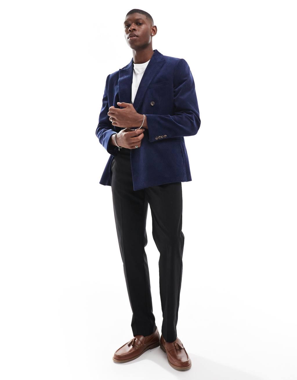  ASOS DESIGN slim fit double breasted corduroy blazer in navy Product Image