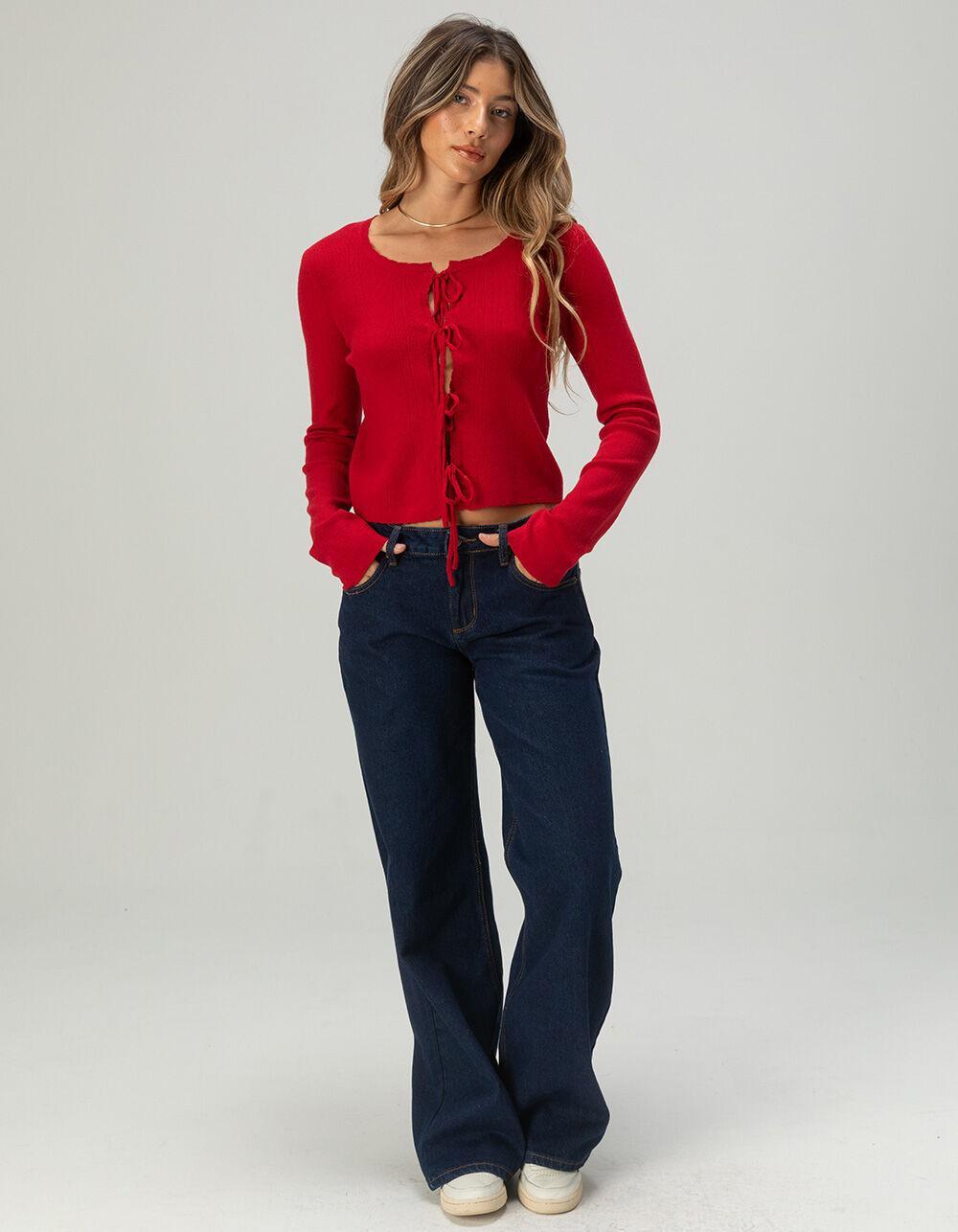FULL TILT 3 Tie Front Womens Pointelle Cardigan - BLACK Product Image