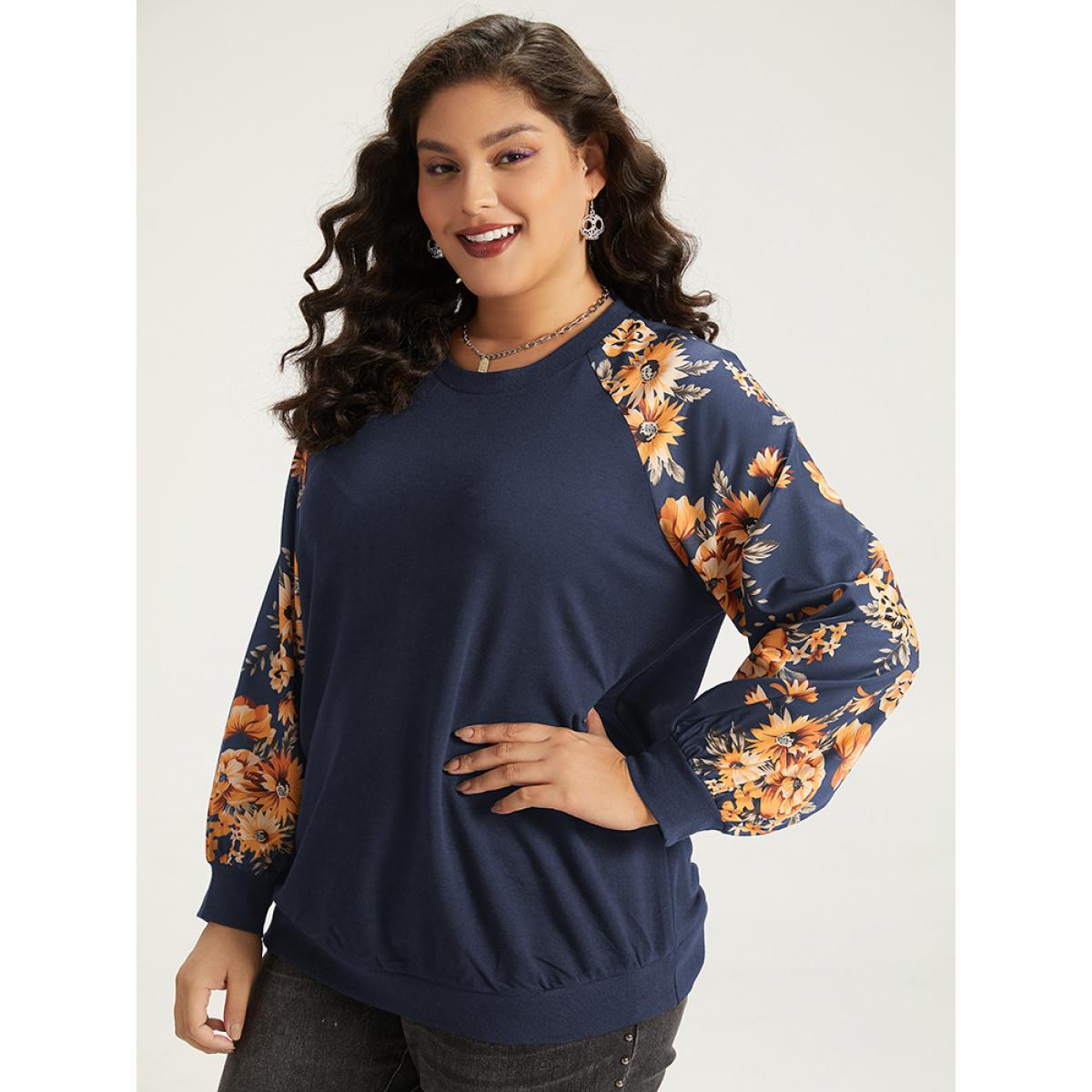 Plus Size Halloween Floral Patchwork Print Raglan Sleeve Sweatshirt Women Red Casual Elastic cuffs Round Neck Festival-Halloween Sweatshirts BloomChic 22-24/3X Product Image
