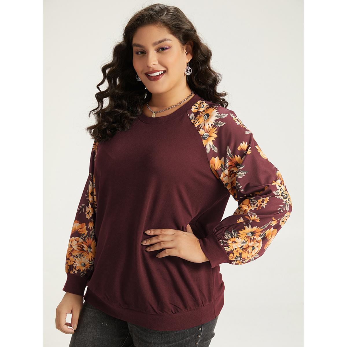 Plus Size Halloween Floral Patchwork Print Raglan Sleeve Sweatshirt Women Red Casual Elastic cuffs Round Neck Festival-Halloween Sweatshirts BloomChic 22-24/3X Product Image