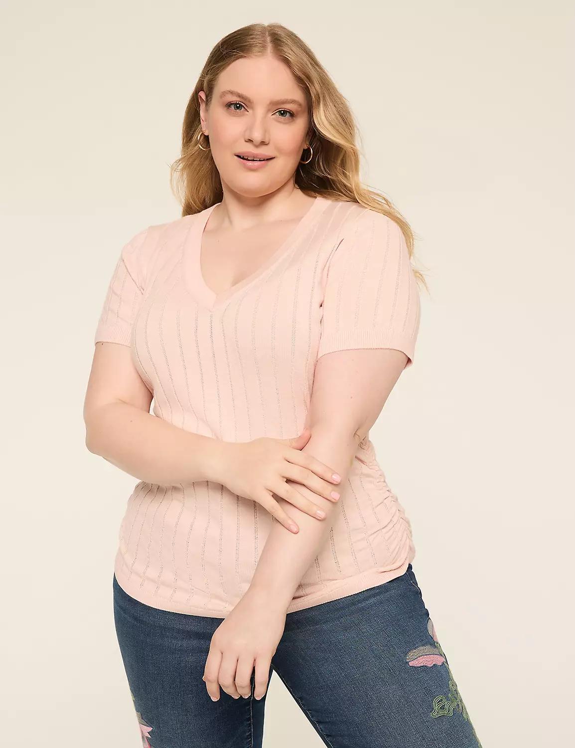 Fitted Short-Sleeve Side-Ruched Sweater Product Image