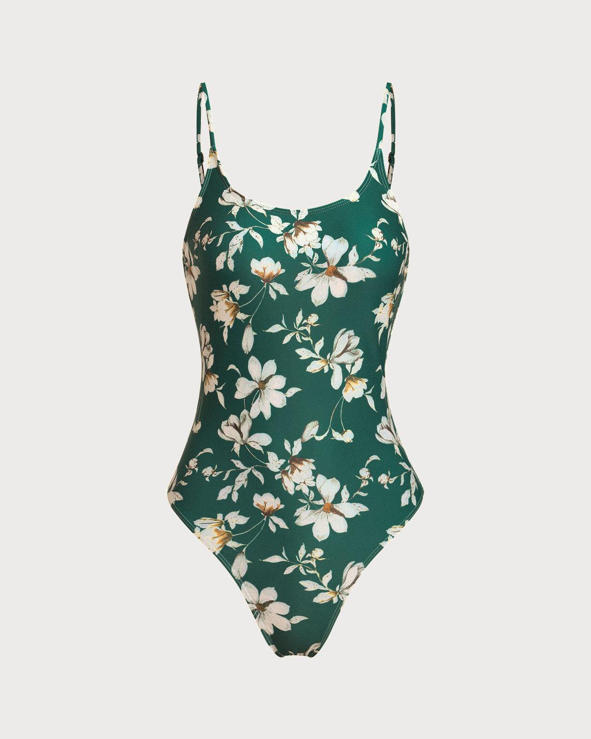 Green Floral Backless One-Piece Swimsuit Product Image