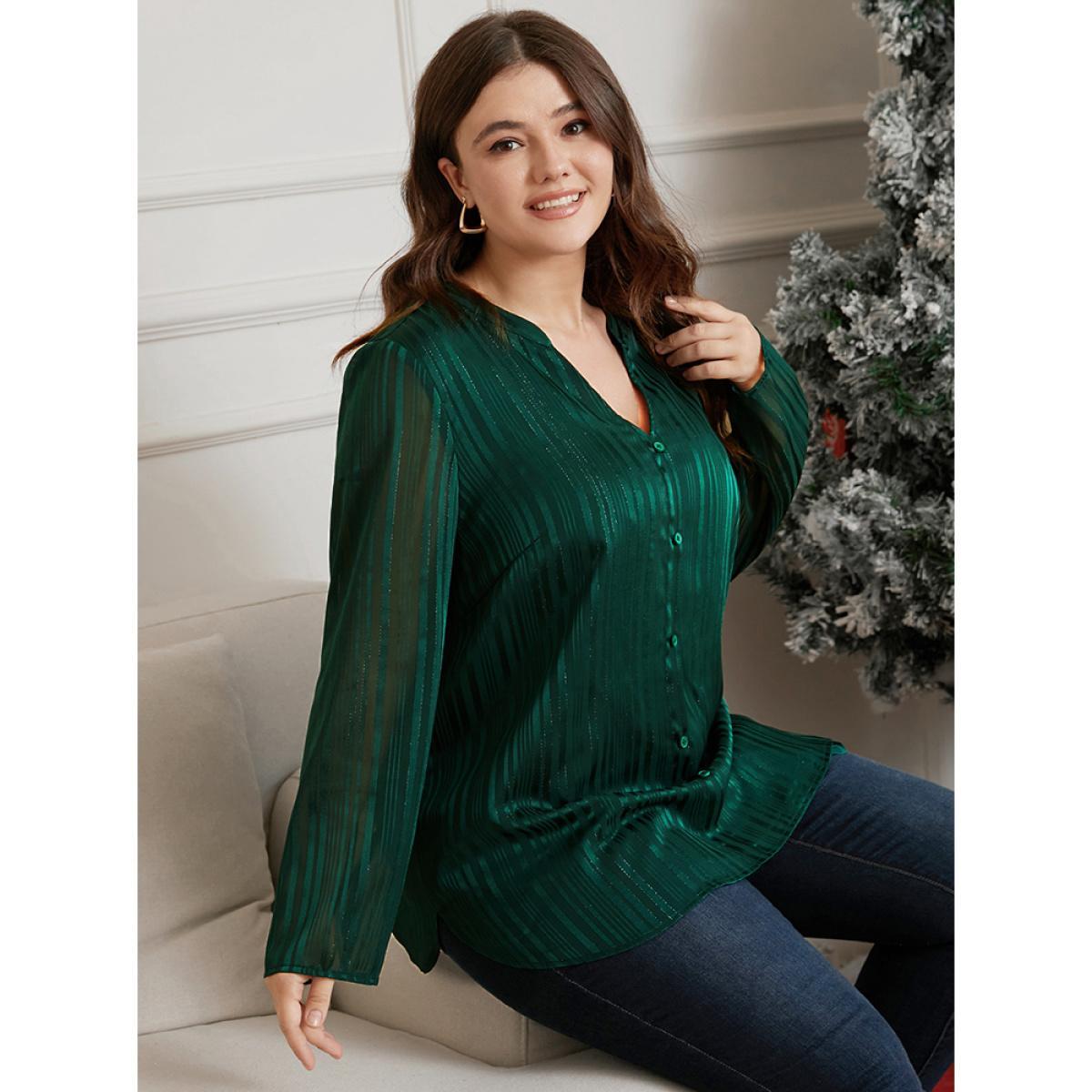 Plus Size Green Glitter Striped V Neck Button Detail Blouse Women Casual Long Sleeve V-neck Festival-Christmas Blouses BloomChic 30/6X Product Image