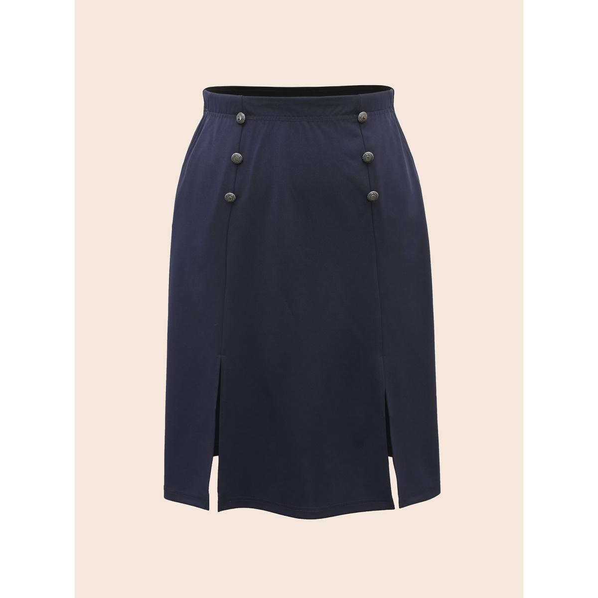 Plus Size Button Detail Split Hem Medium Stretch Skirt Women Indigo At the Office Button Medium stretch Side seam pocket Work Skirts BloomChic 22-24/3X Product Image
