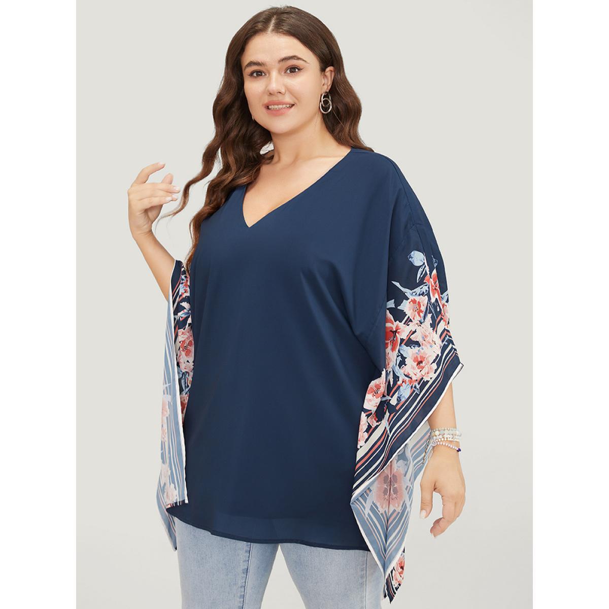 Plus Size Indigo Floral Print Asymmetrical Dolman Sleeve Blouse Women Elegant Short sleeve V-neck Dailywear Blouses BloomChic 14-16/1X Product Image