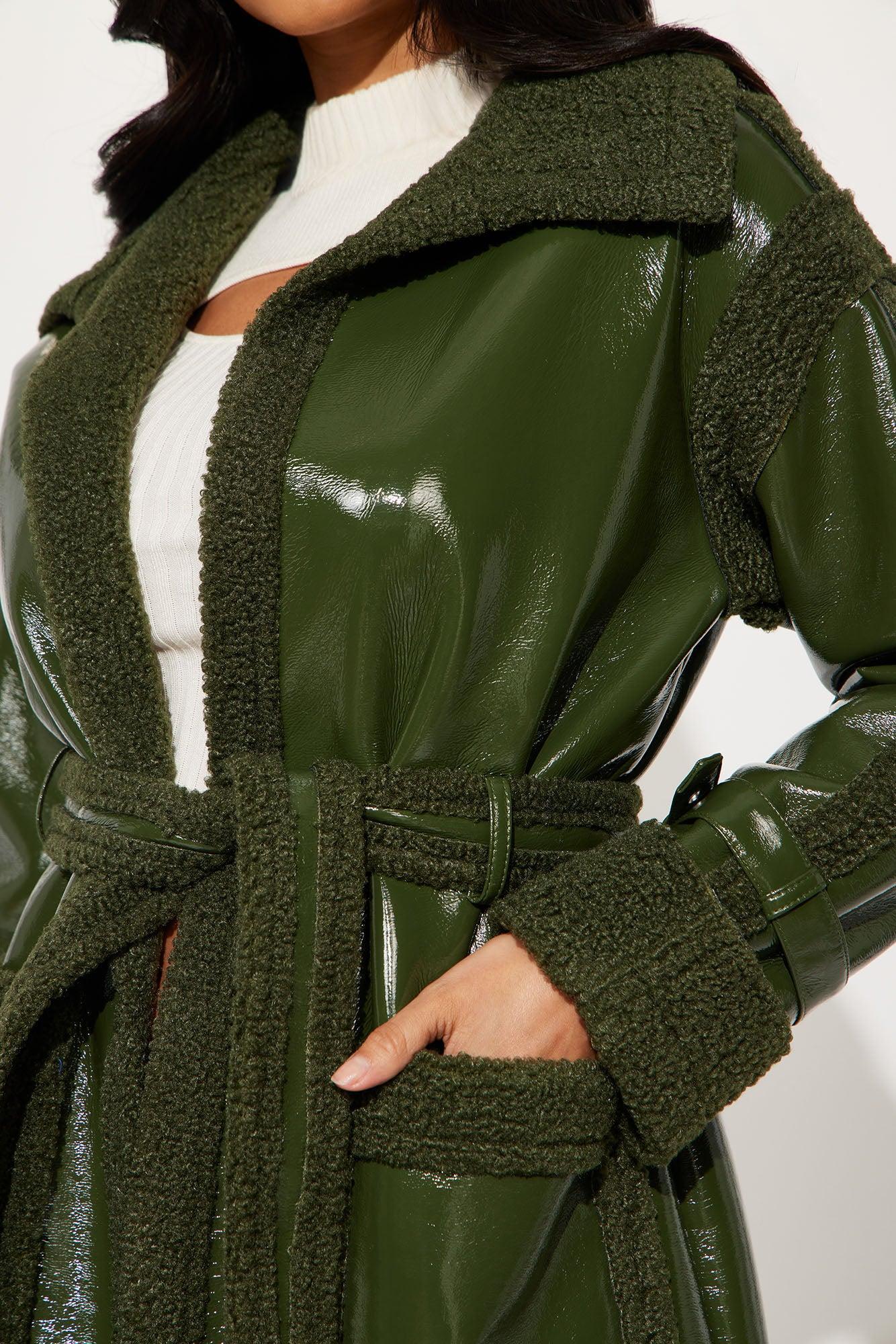 Bad Ideas Shearling Trench Coat - Olive Product Image