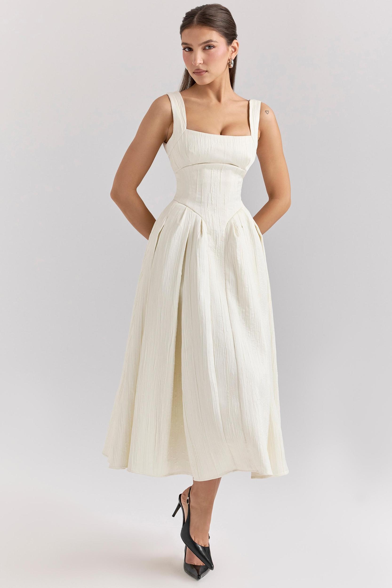 Isabeau  ivory textured satin corset midi dress Product Image
