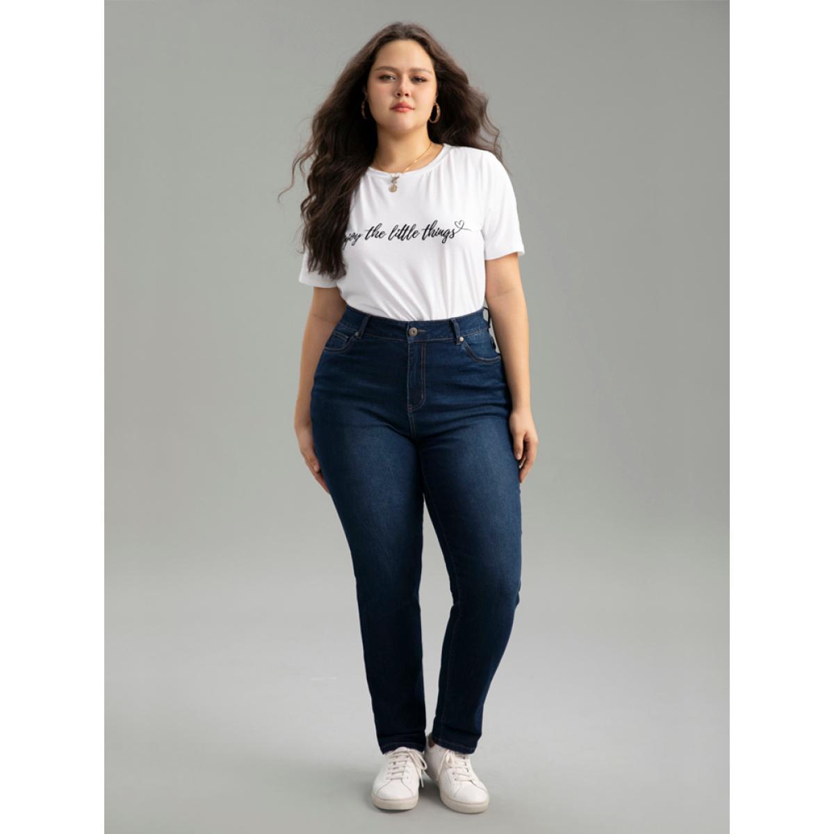 Plus Size Cutoff Roll Hem Full Length Jeans Women DarkBlue Casual Plain Plain High stretch Pocket Jeans BloomChic 18/2X Product Image