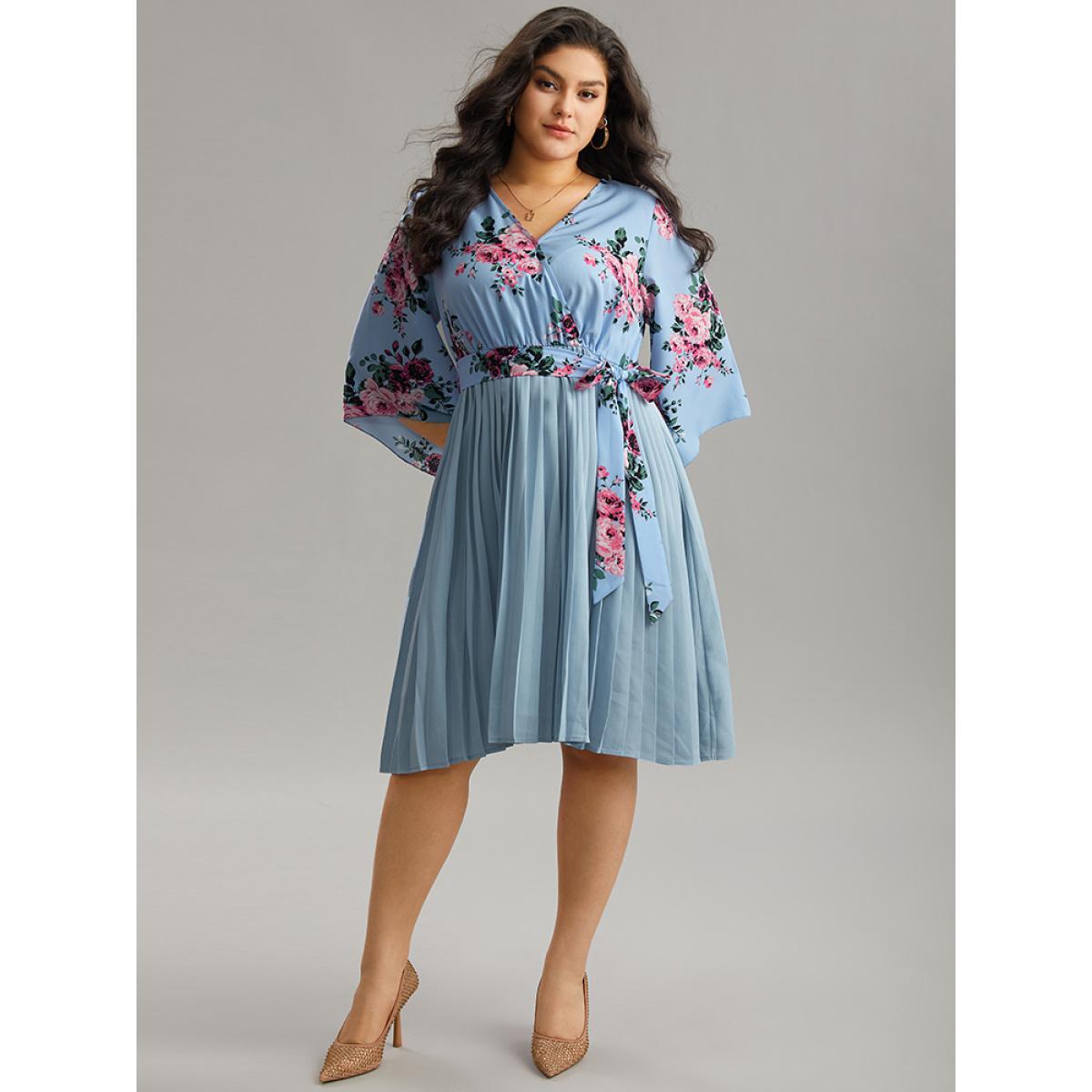 Plus Size Floral Print Bell Sleeve Belted Pleated Hem Dress LightBlue Women Elegant Wrap Overlap Collar Elbow-length sleeve Curvy Knee Dress BloomChic 26/4X Product Image