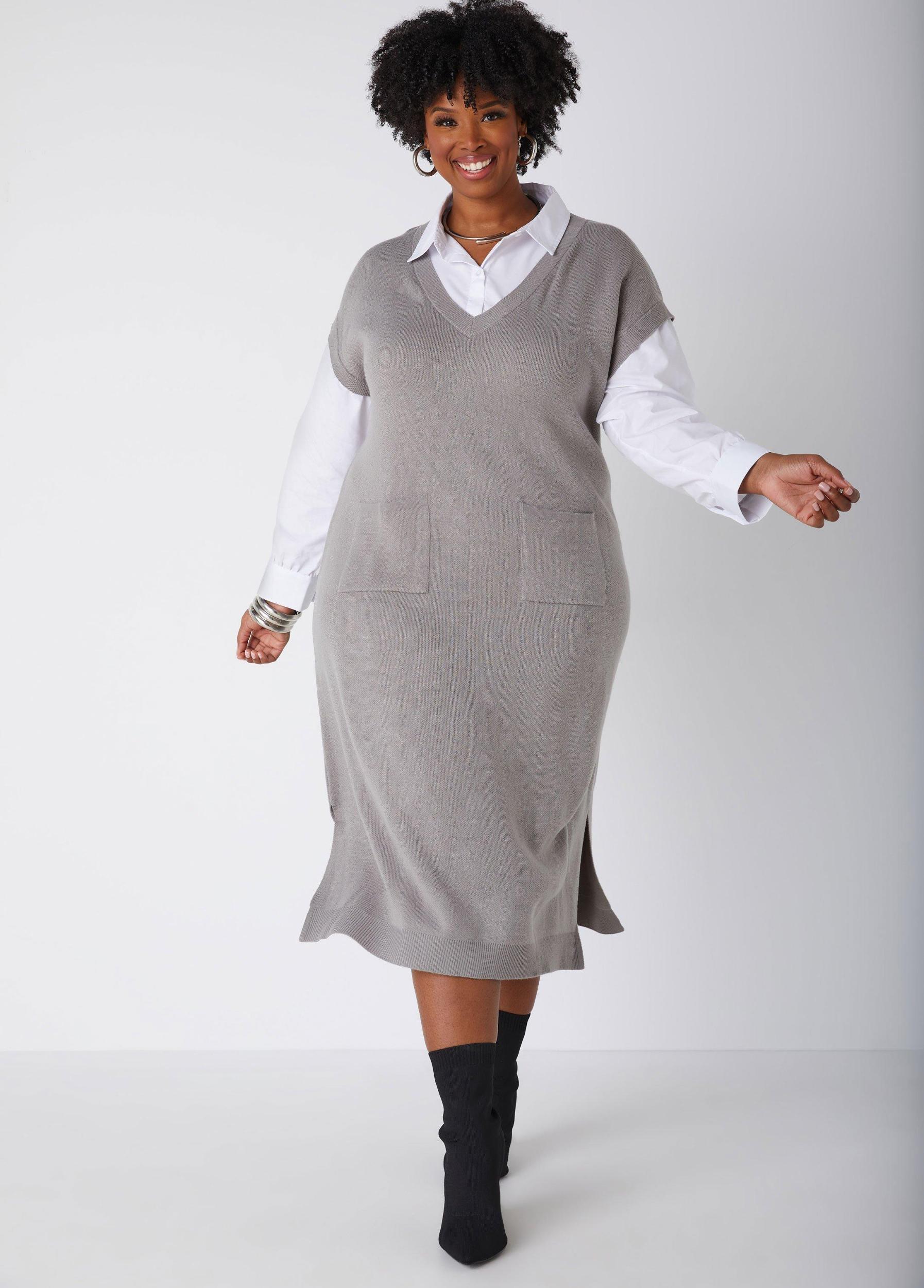 Plus Size Poplin Paneled Sweater Dress Ashley Stewart Product Image