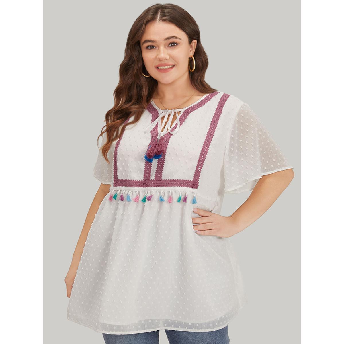 Plus Size White Polka Dot Tassels Ties Mesh Patchwork Contrast Blouse Women Vacation Short sleeve V-neck Dailywear Blouses BloomChic 18-20/2X Product Image